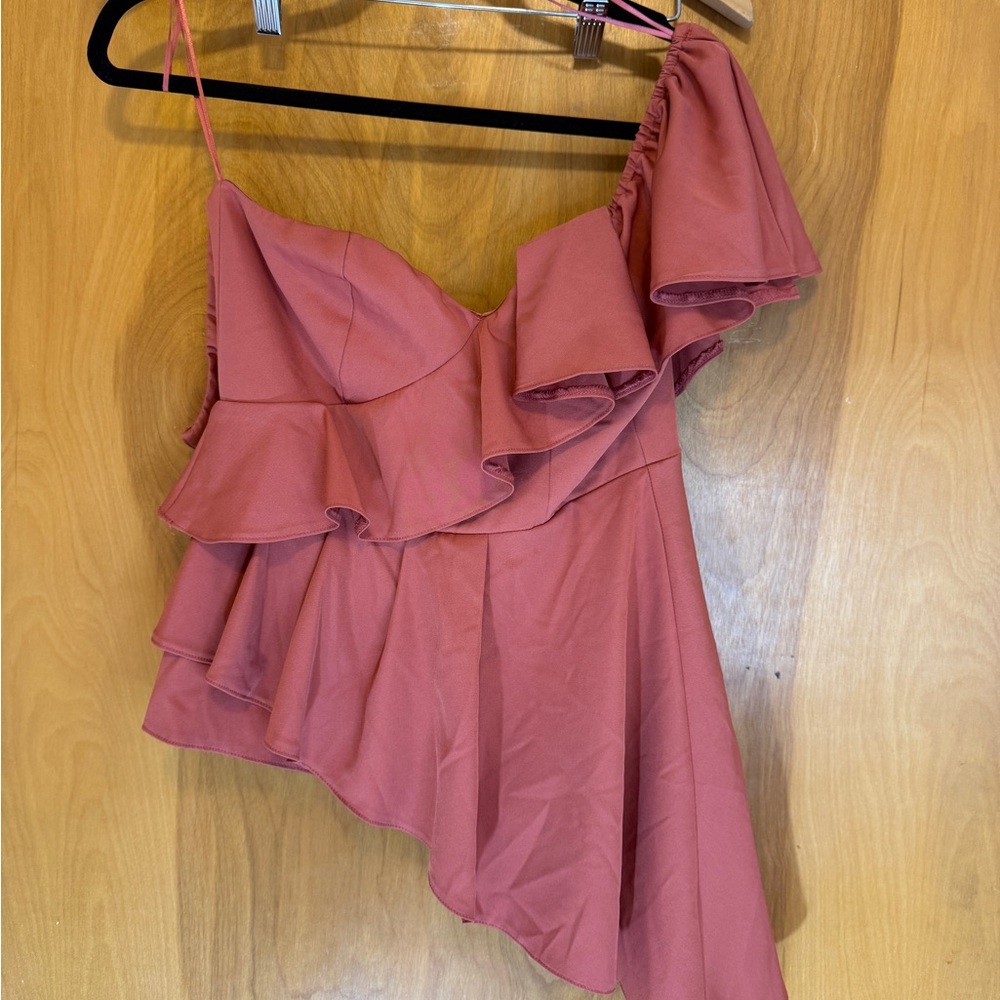 vestique Dusty Rose One-Shoulder Ruffle Asymmetric Dress